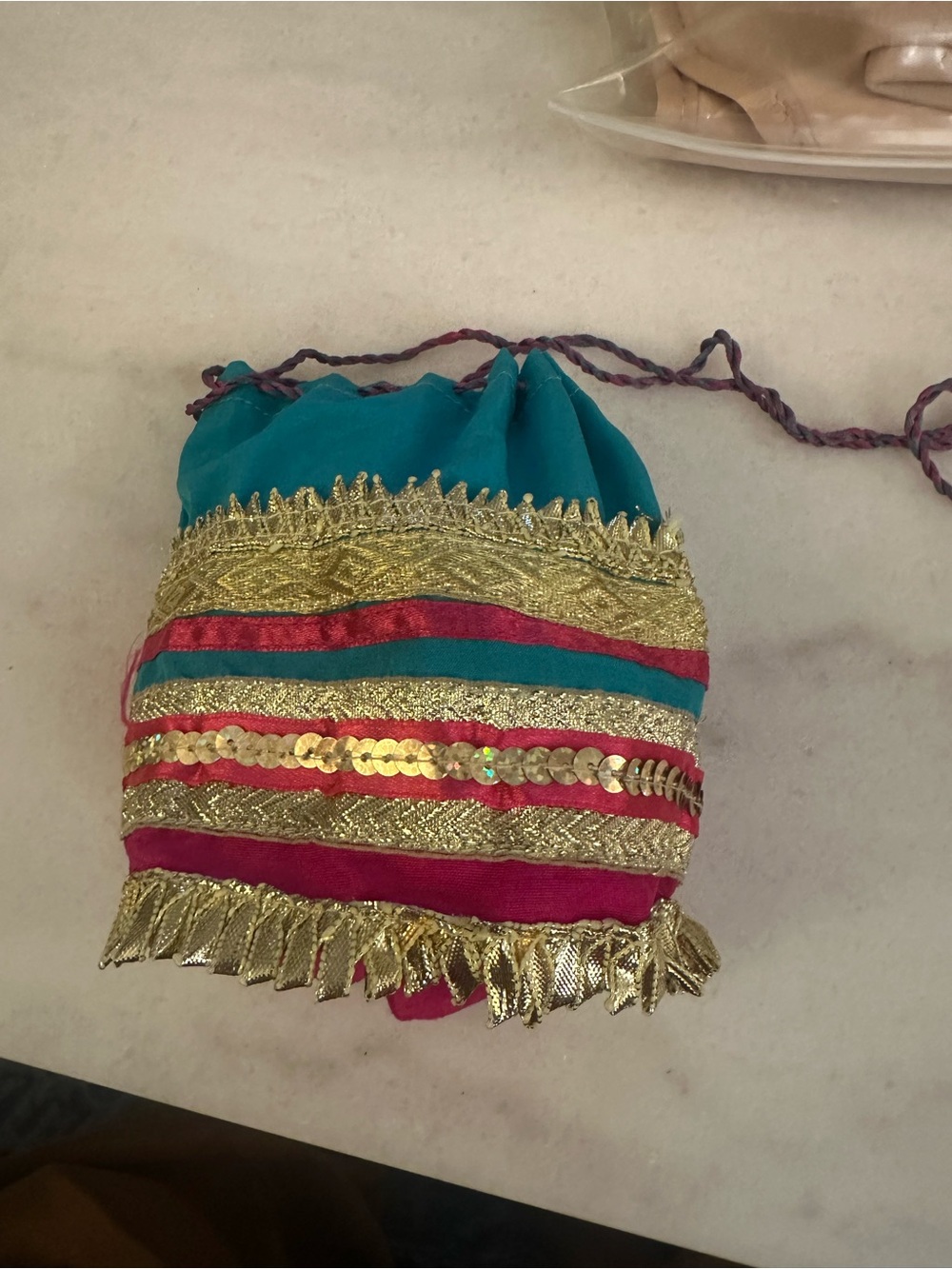 Embellished Teal & Fuchsia Drawstring Potli Bag